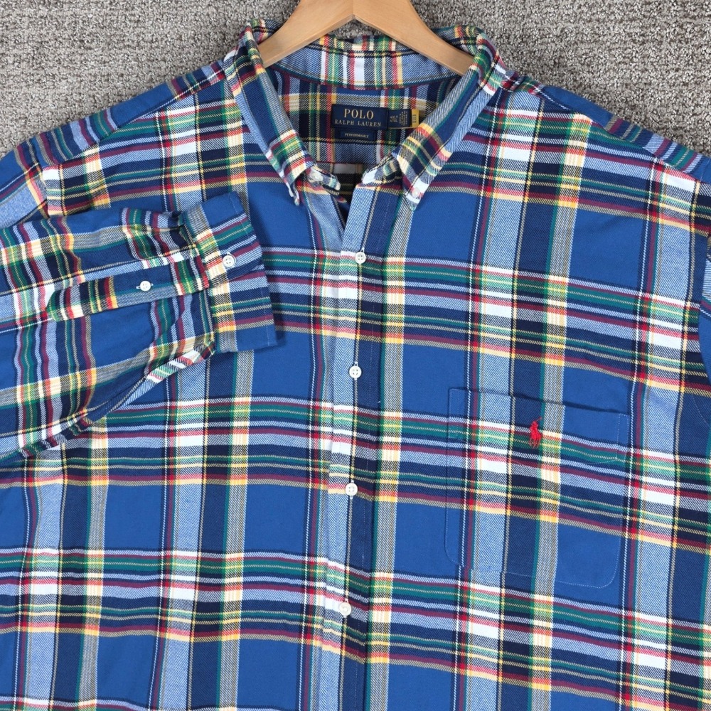 Polo Ralph Lauren Performance Flannel Plaid Button Down Shirt Mens 4XLT Blue